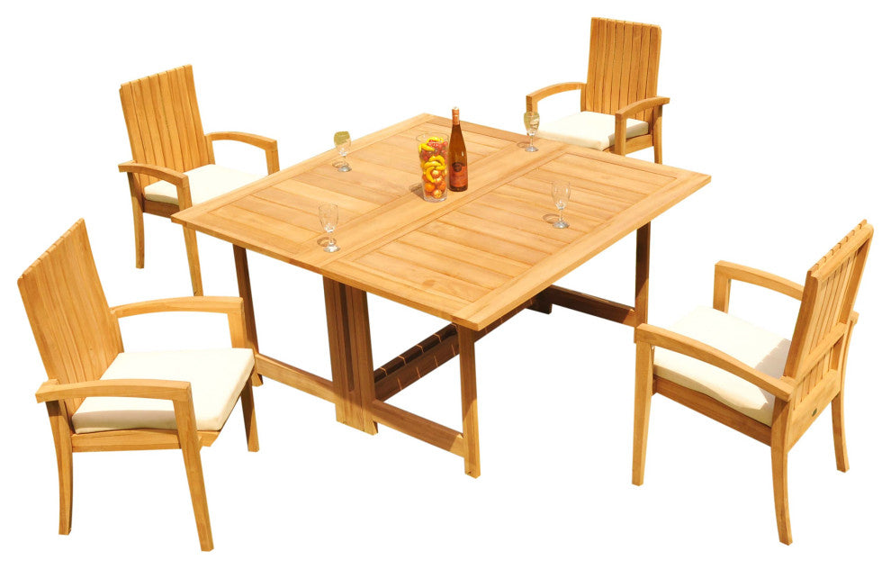 5-Piece Outdoor Teak Set: 60" Square Butterfly Table, 4 Goa Stacking Arm Chairs