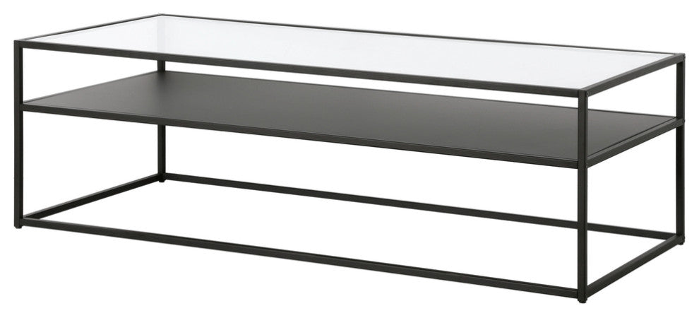 54" Black Glass And Steel Coffee Table With Shelf