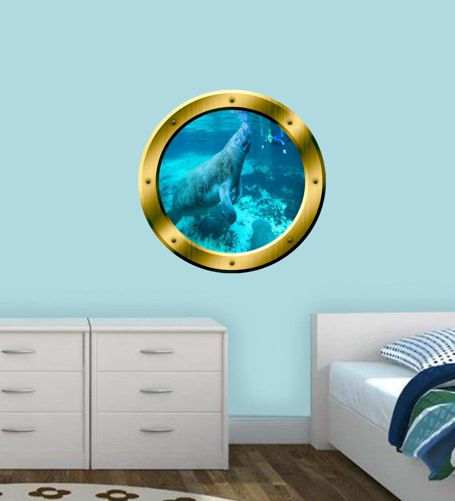 VWAQ Manatee Wall Decal Sea Cow Porthole , 20" Diameter