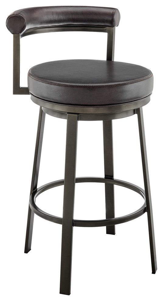 Neura Swivel Stool in Mocha Finish With Brown Faux Leather, 30"
