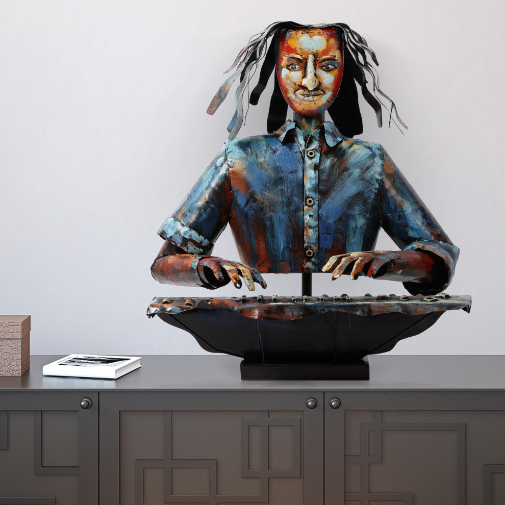 "Homme" Iron Hand-Painted Colorful Art Sculpture, Multi Color, The Pianist