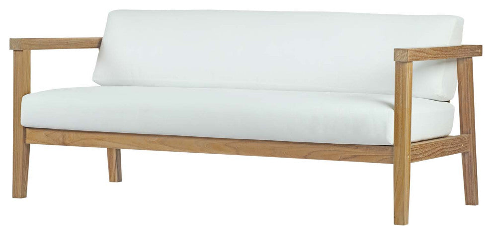 Sectional Sofa Chair Table Set, White Natural, Teak Wood, Modern, Outdoor Patio