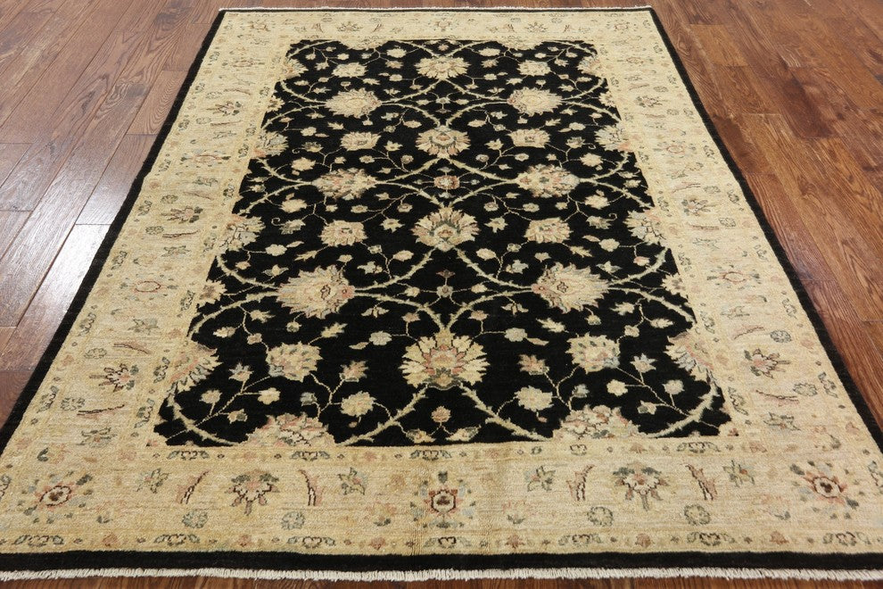 Black Oushak Oriental Hand-Knotted Peshawar Chobi Wool Rug, 6'x7'