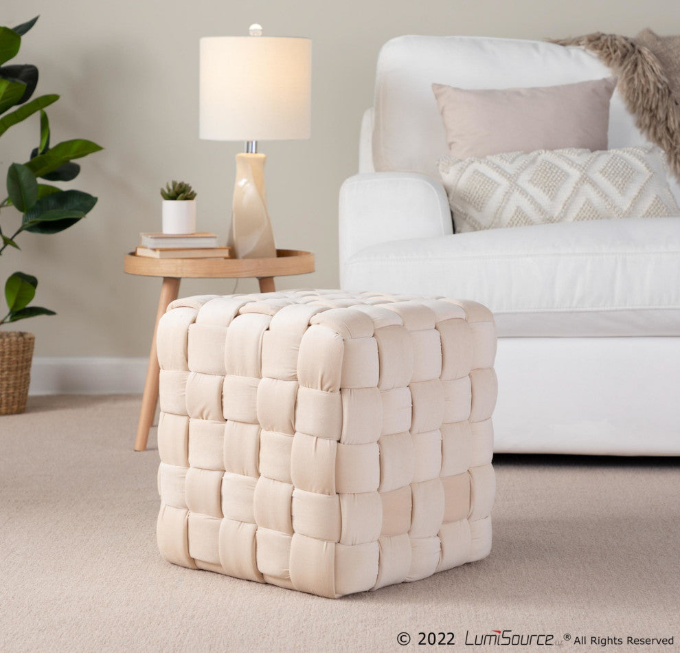 Braided Square 16" Ottoman, Cream Velvet