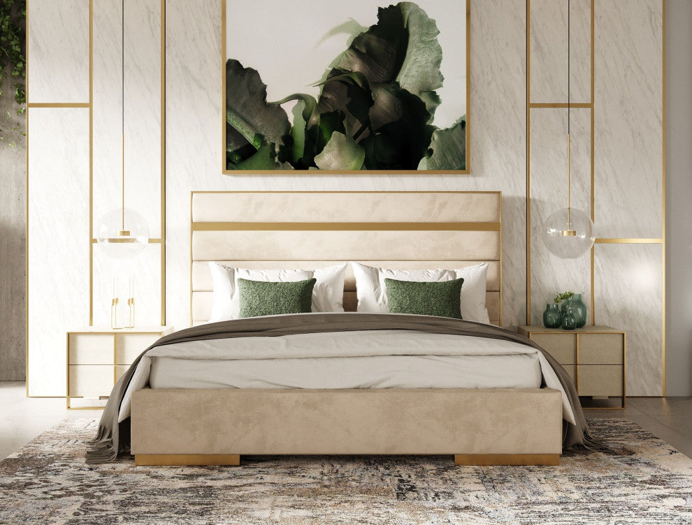 Cartier Beige Velvet + Brushed Brass 4-Piece Bedroom Set, California King