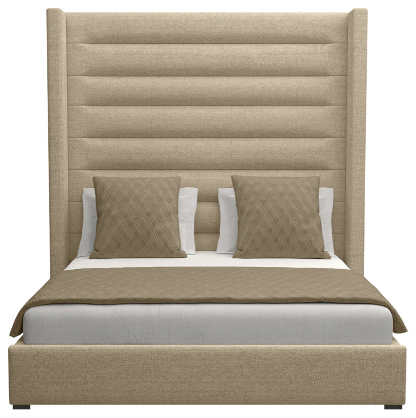 Nativa Interiors Aylet Horizontal Channel Tufted Bed, Flax, Queen, High Headboard