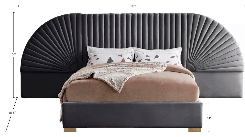 Cleo Velvet Upholstered Bed With Custom Gold Steel Legs, Gray, Queen
