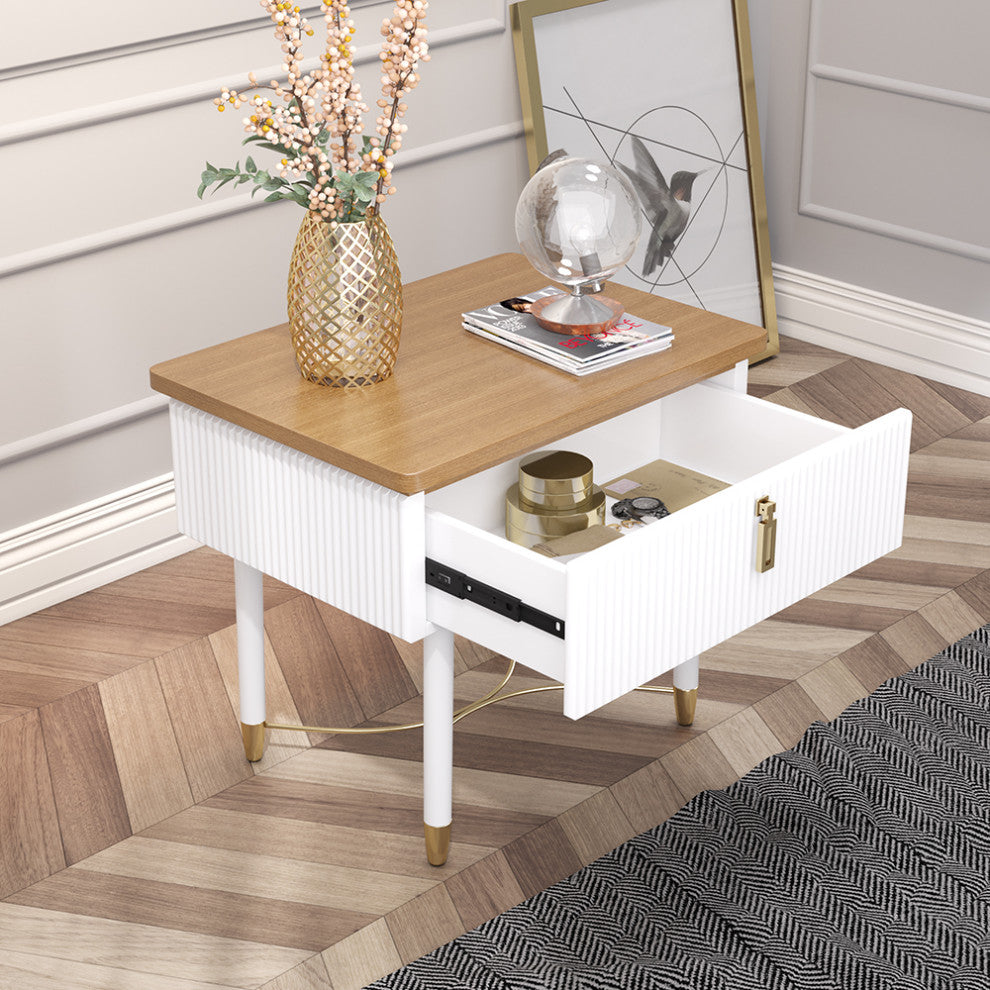 Modern White Nightstand Wood Nightstand Bedside Table with Drawer in Gold