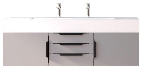 CastelloUSA Nile 60" Wall Mounted Vanity Set, Gray, White Top, Black Handles