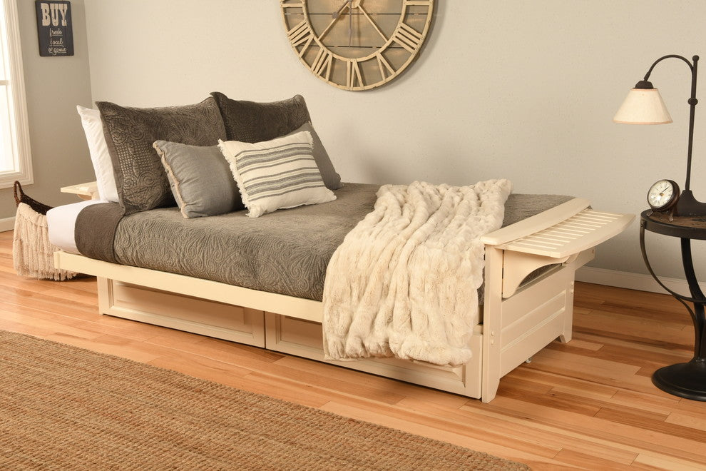 Mesa Frame Futon With Antique White Finish, Storage Drawers, Marmont Mocha