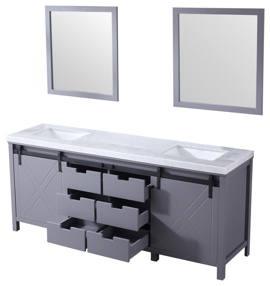 Marsyas 80" Dark Gray Double Vanity Carrara Marble Top Sinks, 30" Wall Mirrors