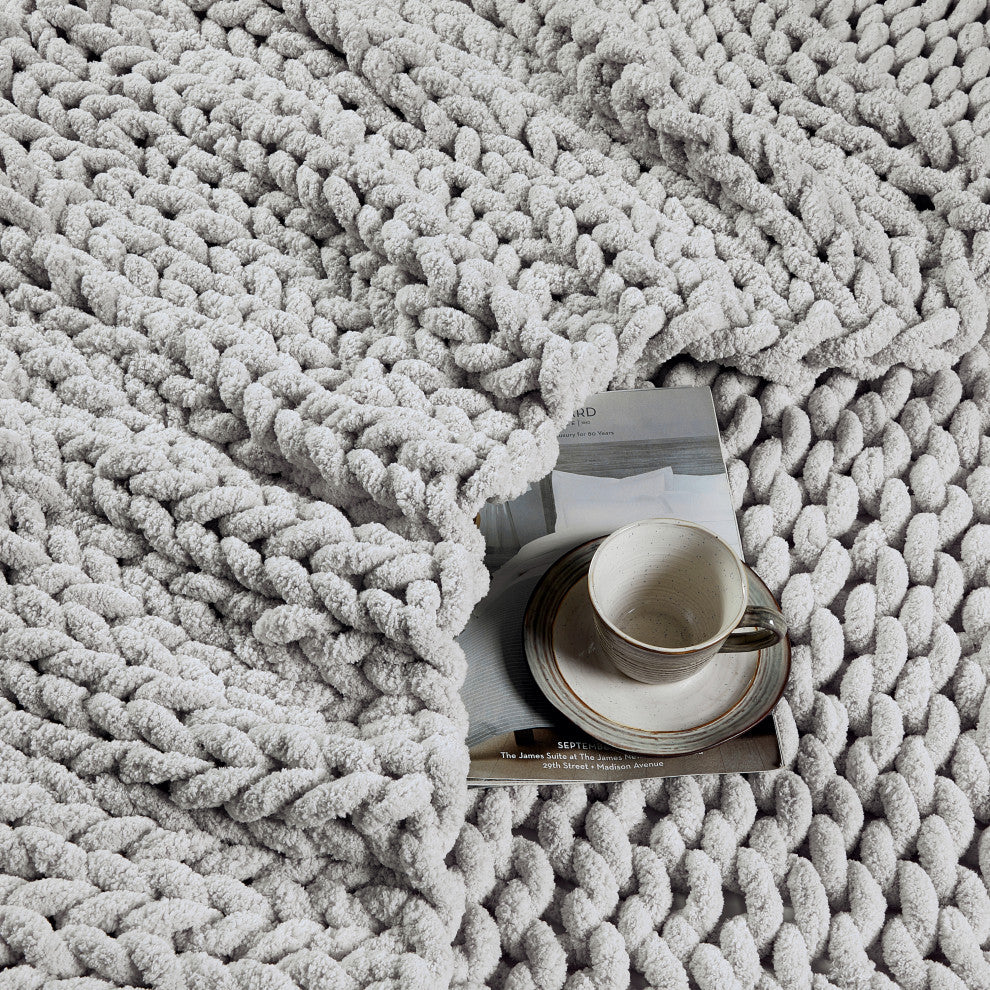 Kathy Ireland Chunky Knit Throw Blanket, Light Grey
