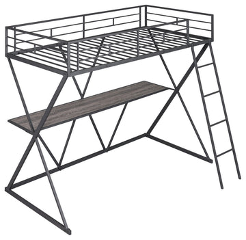 Gewnee Twin Size Loft Bed with Desk, Ladder and Full-Length Guardrails in Black