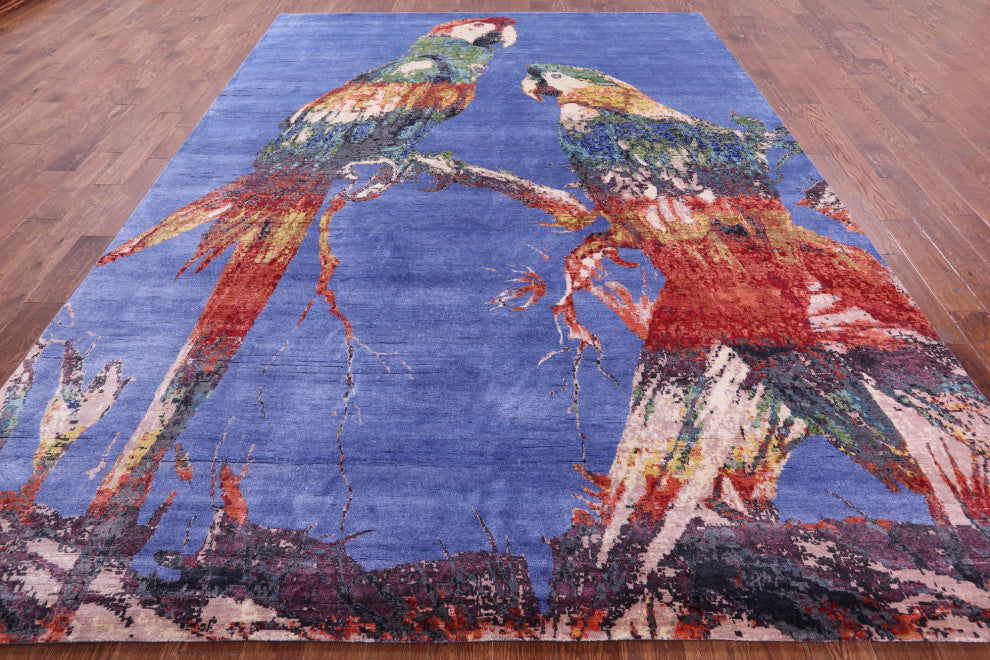 8' 10" X 12' 4" Modern Parrots Design Hand Knotted Silk Rug Q11601