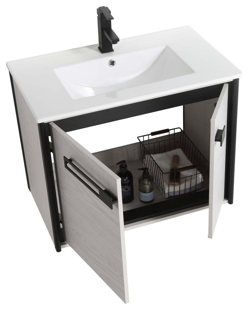 Oakville Wall Mount Bathroom Vanity, Mild Grey Oak, 30", Black Hardware