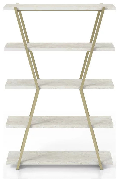 Bookcase, Unique Design With Metal Frame & Open Shelves, Champagne/ White Washed