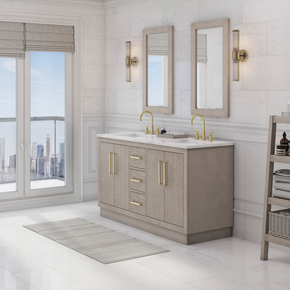 60 Double Sink White Marble Vanity, Gray Oak With Gooseneck Faucets and Mirrors