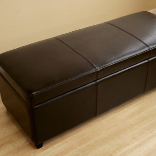 Dark Brown Full Leather Storage Bench Ottoman With Stitching