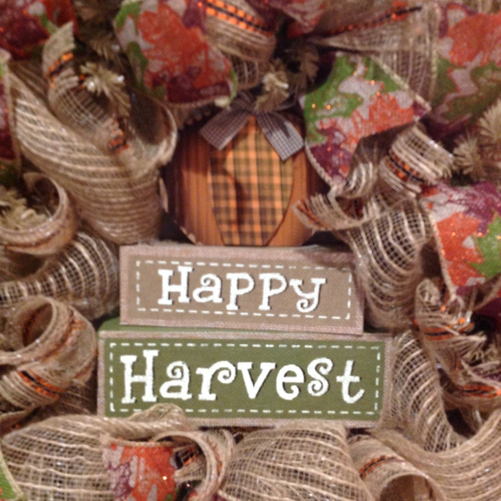 Happy Harvest Autumn Burlap Wreath Handmade Deco Mesh