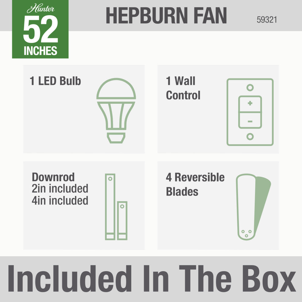 Hunter Fan Company  52" Hepburn  Ceiling Fan With Light With Wall Control, Matte