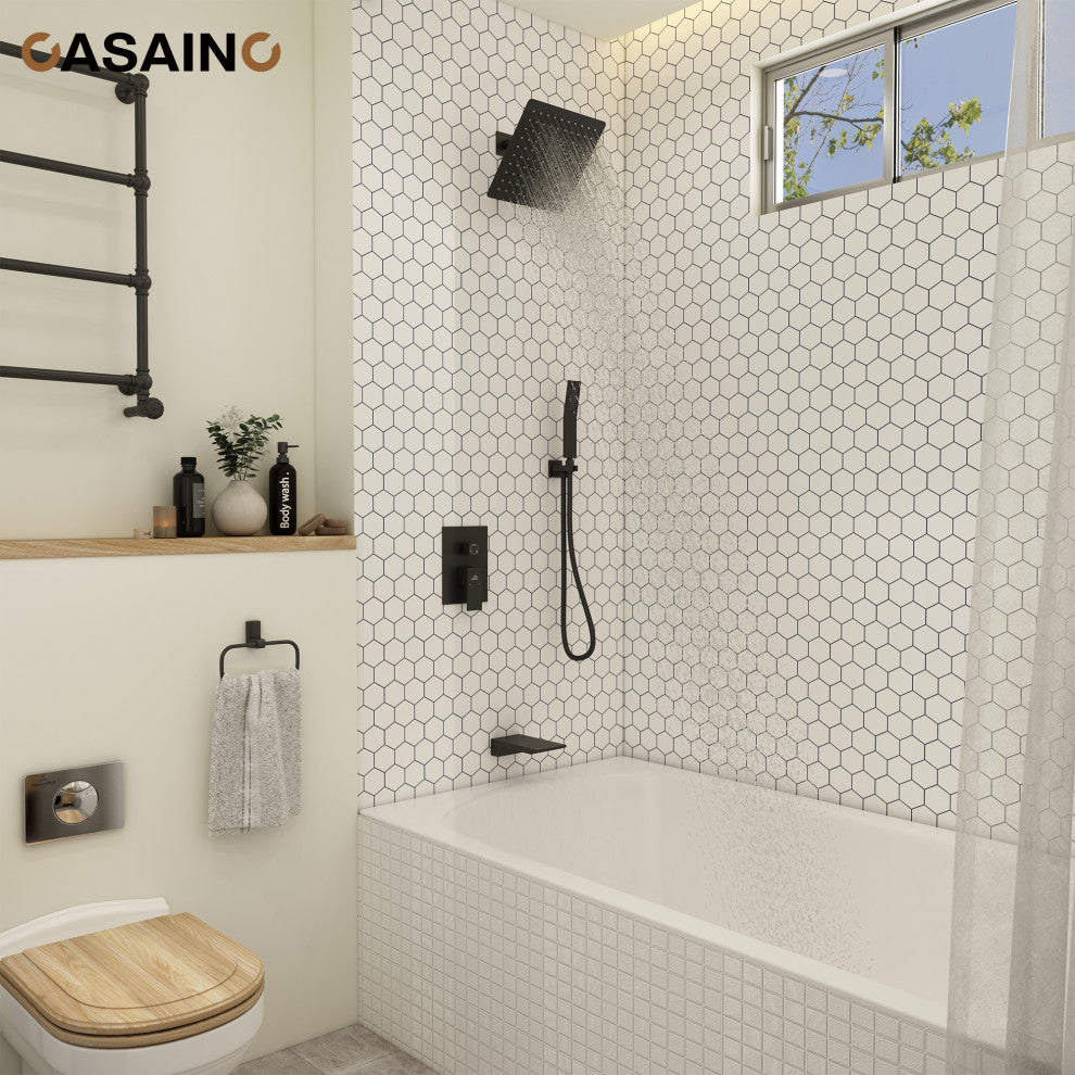 10inch Wall Mounted Shower System with Handheld Shower and Tub Spout, Matte Black