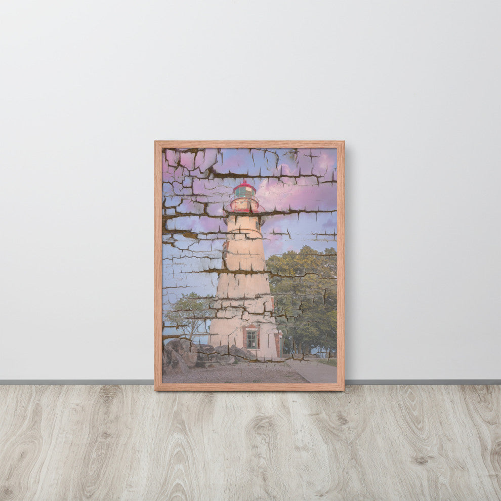 Faux Wood Texture Marblehead Lighthouse at Sunset Framed Photo Wall Art Print, Red Oak, 18" X 24"