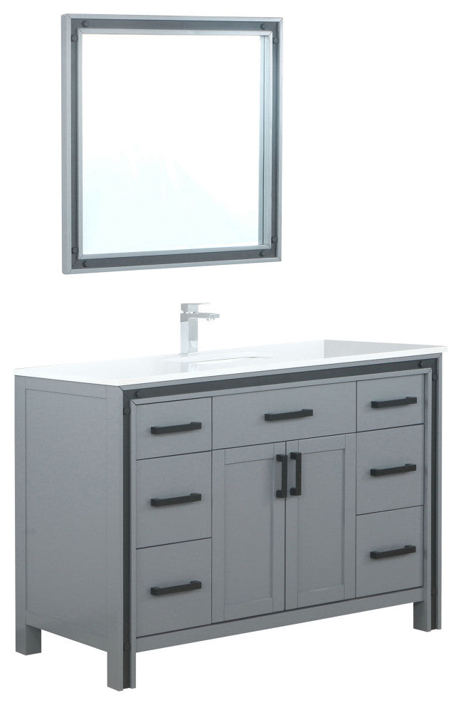 Ziva 48 Dark Grey SG Vanity, Cultured Marble Top, Square Sink, 34 Mirror, Faucet