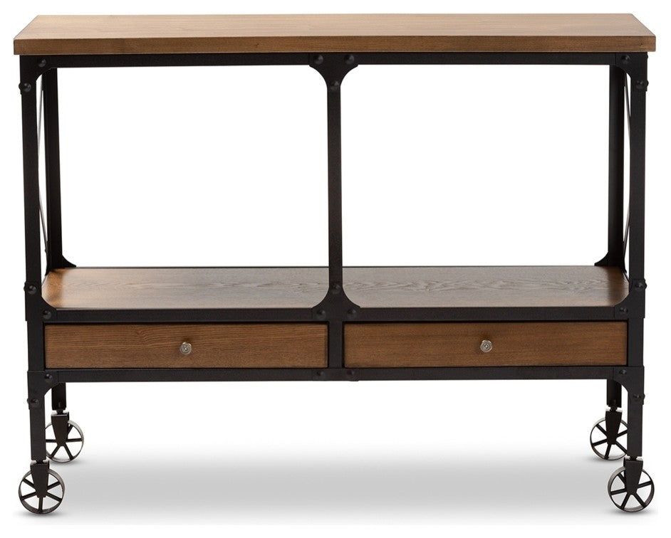 Industrial Style Wood and Dark Bronze Wheeled Console Table With Drawers