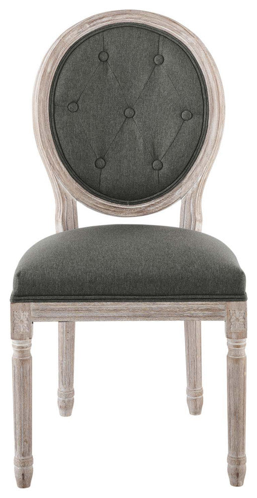 French Vintage Side Dining Chair, Fabric, Wood, Brown Natural Gray, Modern