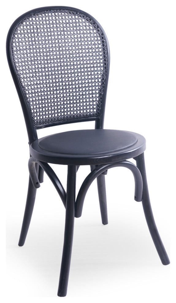 Cano Beech Wood and Rattan Dining Chair With Faux Leather Cushion, Set of 2, Black/Black