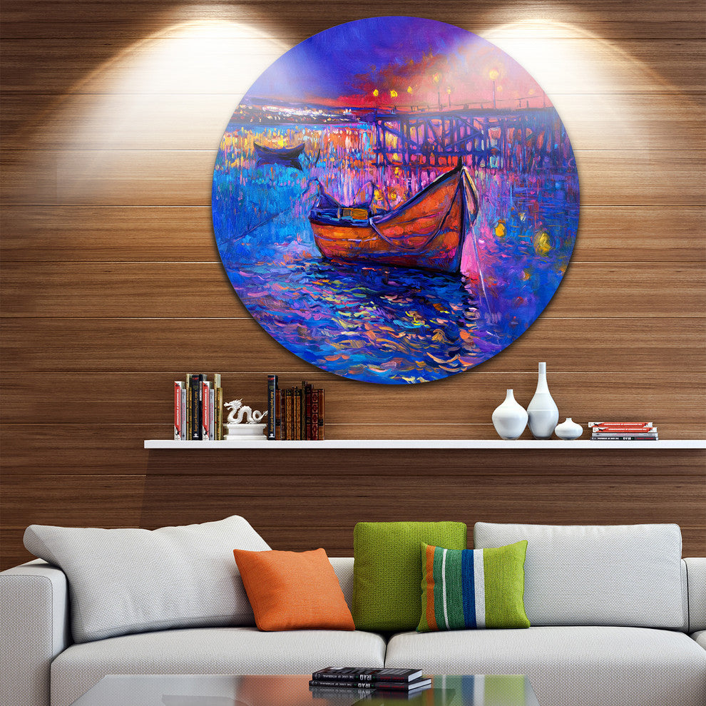 Boats And The City, Seascape Painting Disc Metal Wall Art, 23"