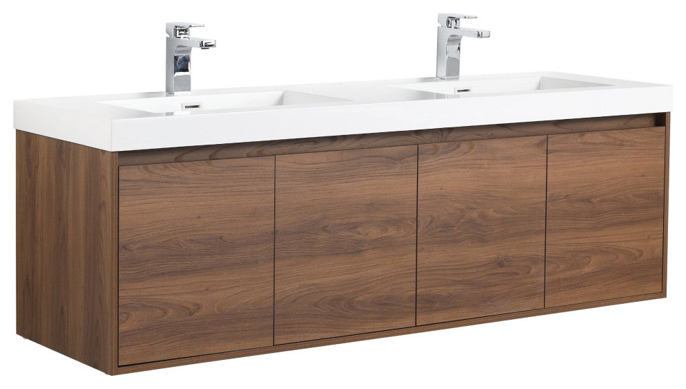 Wall Mounted Bathroom Vanity, Brown Walnut, 60'' W/ Double Sink