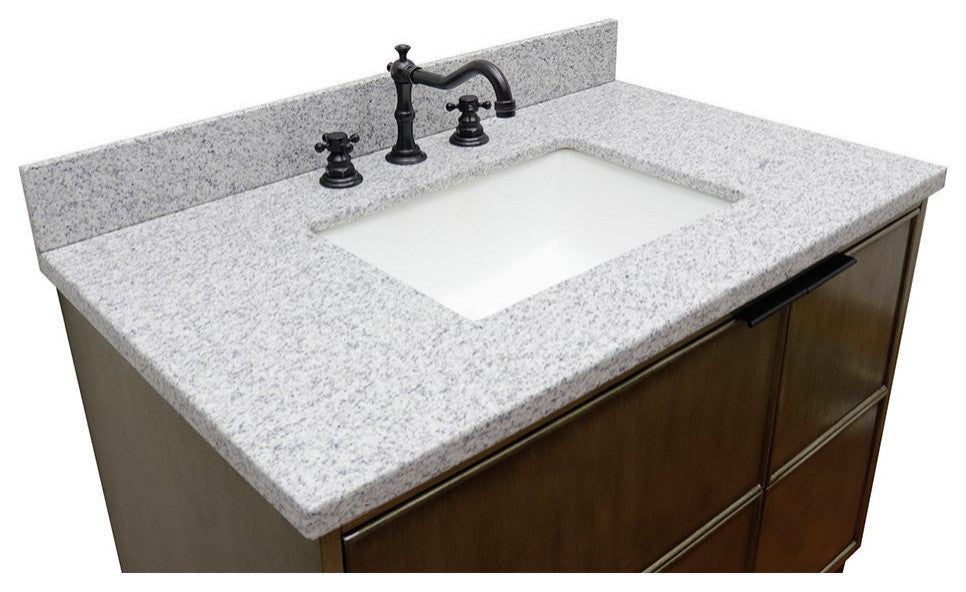 37" Single Vanity, Linen Brown Finish With Gray Granite Top And Rectangle Sink