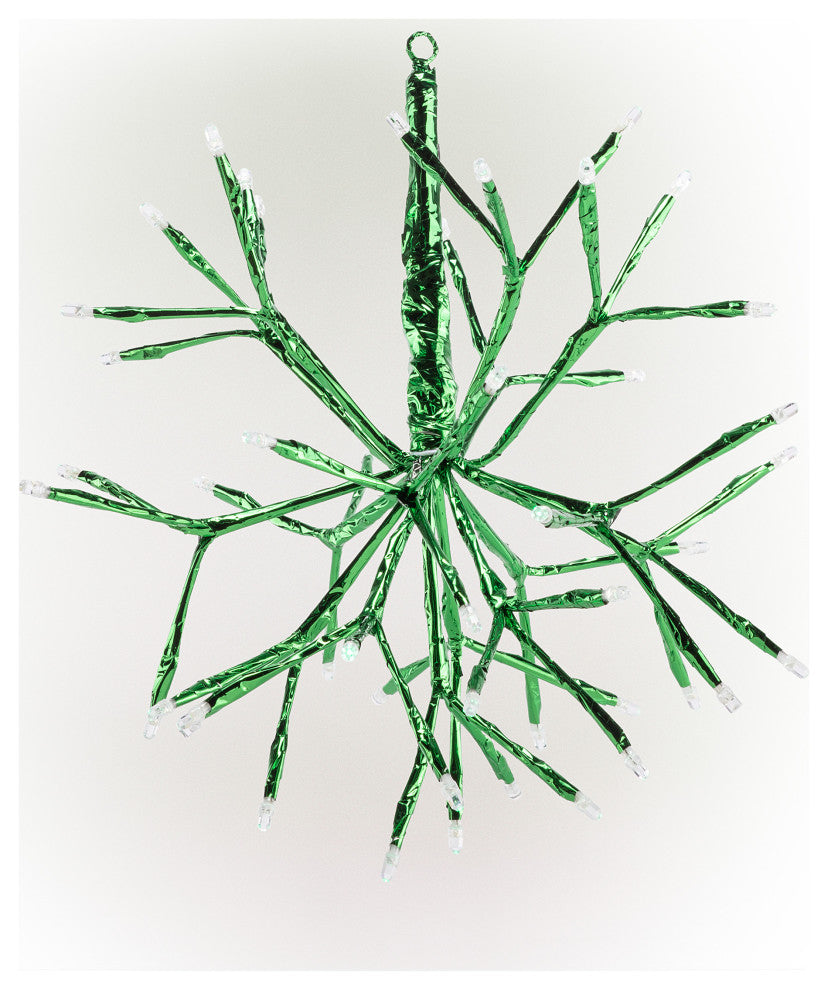 10"H Indoor Christmas Twig 3D Hanging Snowflake Ornament with LED Lights, Green