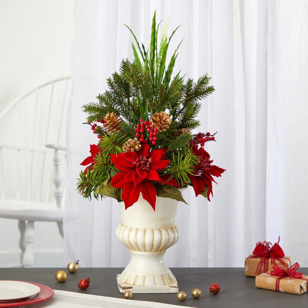 28" Poinsettia, Grass and Succulent Artificial Arrangement, White Urn