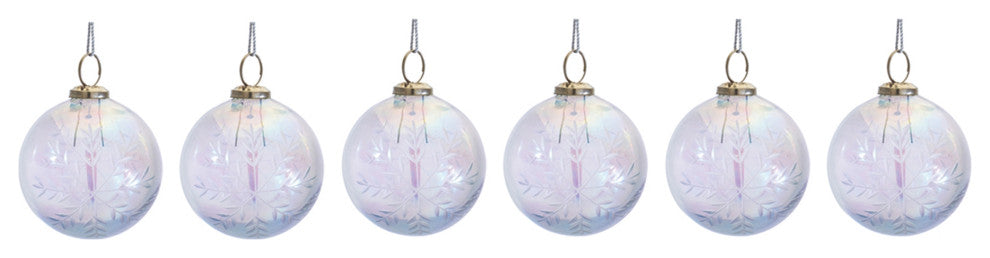 Etched Irredescent Glass Ball Ornament, Set of 6