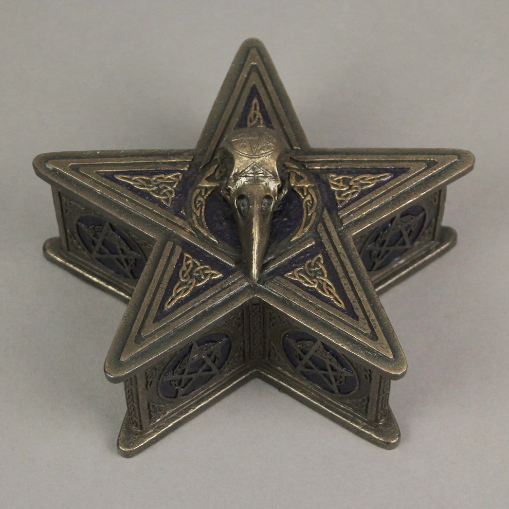 Raven Skull Pentagram Shaped Bronze Finished Trinket Box Wicca Pagan