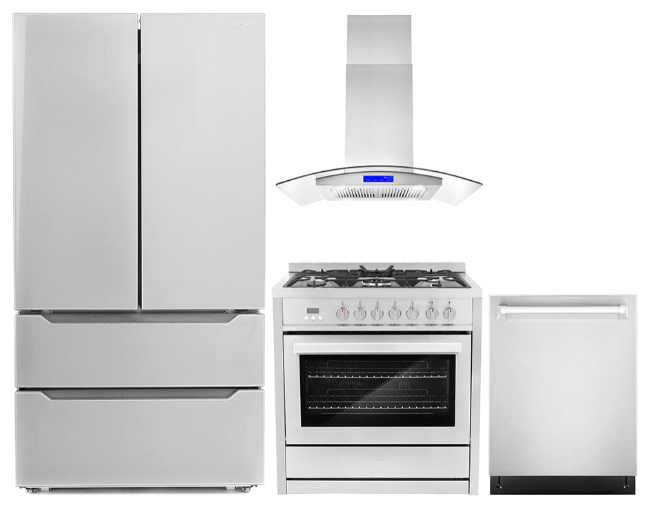 4-Piece, 36" Range, 36" Island Range Hood, 24" Dishwasher and Refrigerator