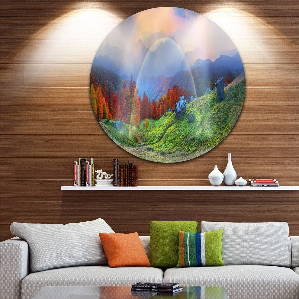 Huts Over Autumn Mountains, Landscape Photo Disc Metal Wall Art, 38"