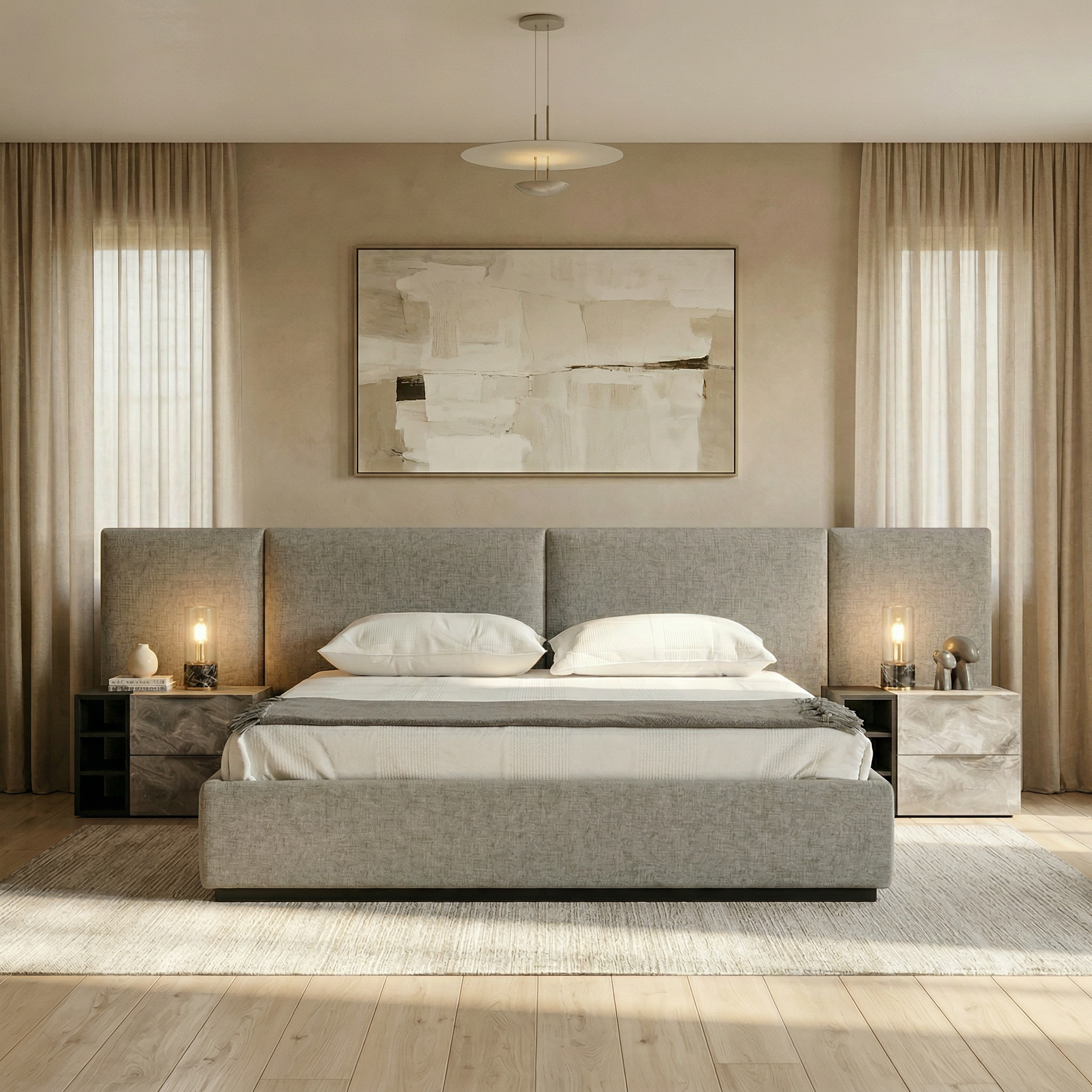 Nova Domus Maranello Gray Bed and 2 Nightstands, Queen