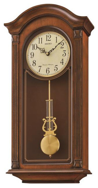 Seiko Clocks, Gold Tone and Arched Wall Clock With Pendulum and Dual Chimes