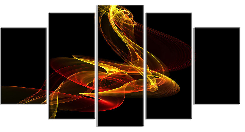 Red Yellow Twisted Waves Fractal, Abstract Canvas Wall Art, 60"x32", 5 Panels