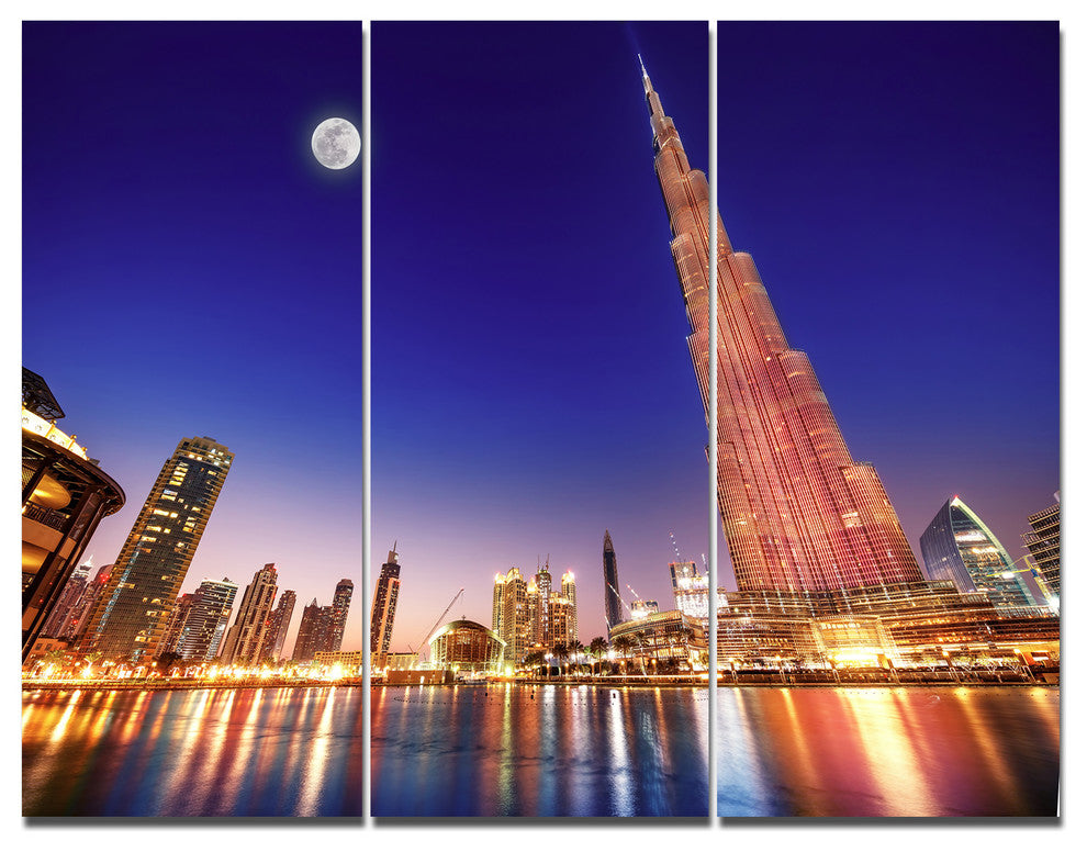 Burj Khalifa Night Landscape, Cityscape Triptych Canvas Print, 36x28, 3 Panels