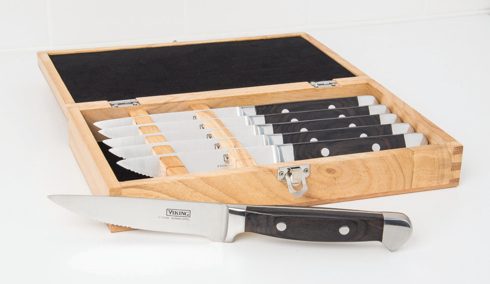 6 Piece Steak Knife Set, Rubberwood Box, Black Paccawood Handle