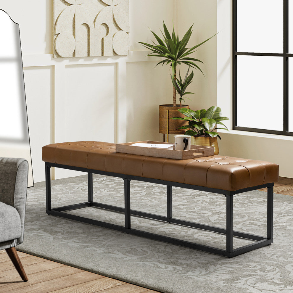 60"W Genuine Leather Bedroom Bench, Camel