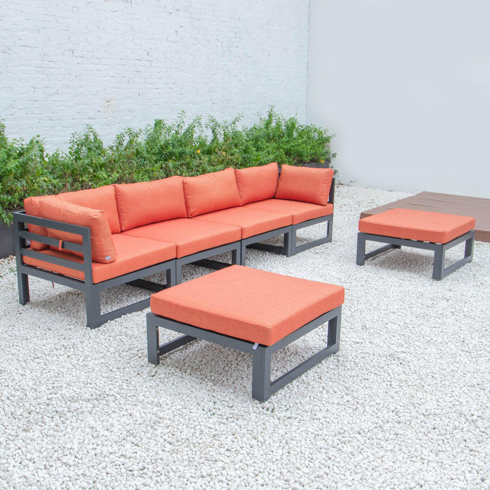 LeisureMod Chelsea 6-Piece Patio Ottoman Sectional Black Aluminum, Orange