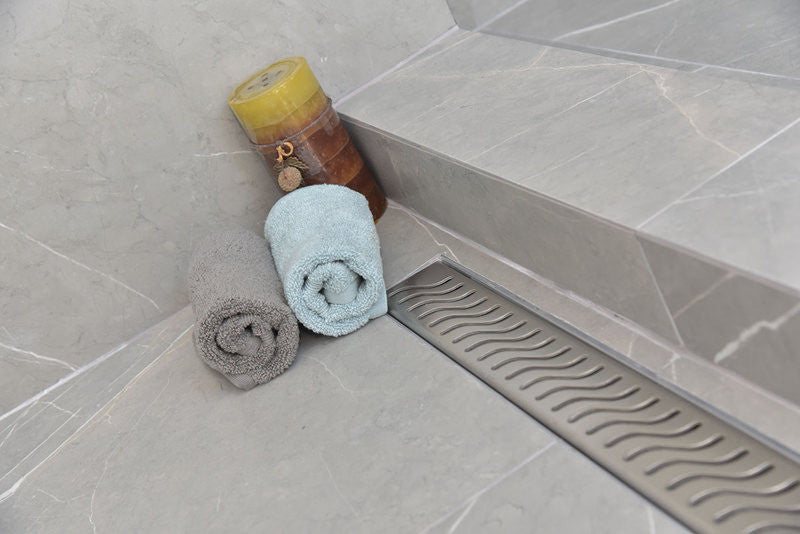 Offset Linear Drain, 60 Inch Side Outlet Linear Drain Complete Set, Ocean Wave