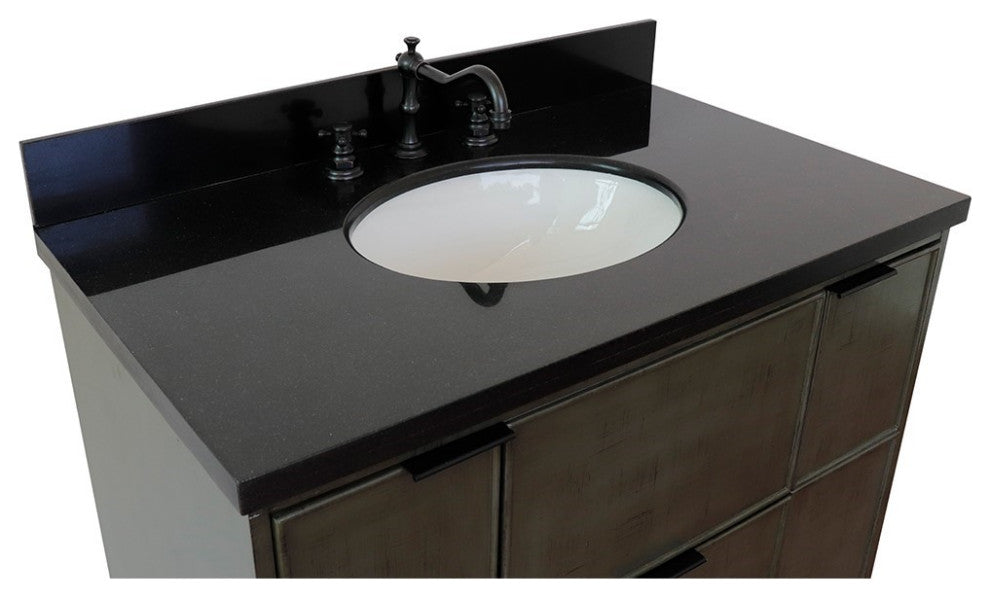 37" Single Wall Mount Vanity, Linen Gray Finish With Black Galaxy Top