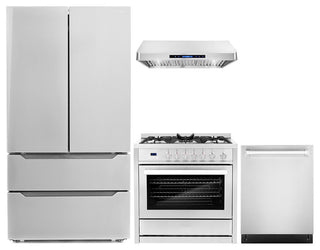 4-Piece, 36" Gas Range, 36" Range Hood, 24" Dishwasher and Refrigerator