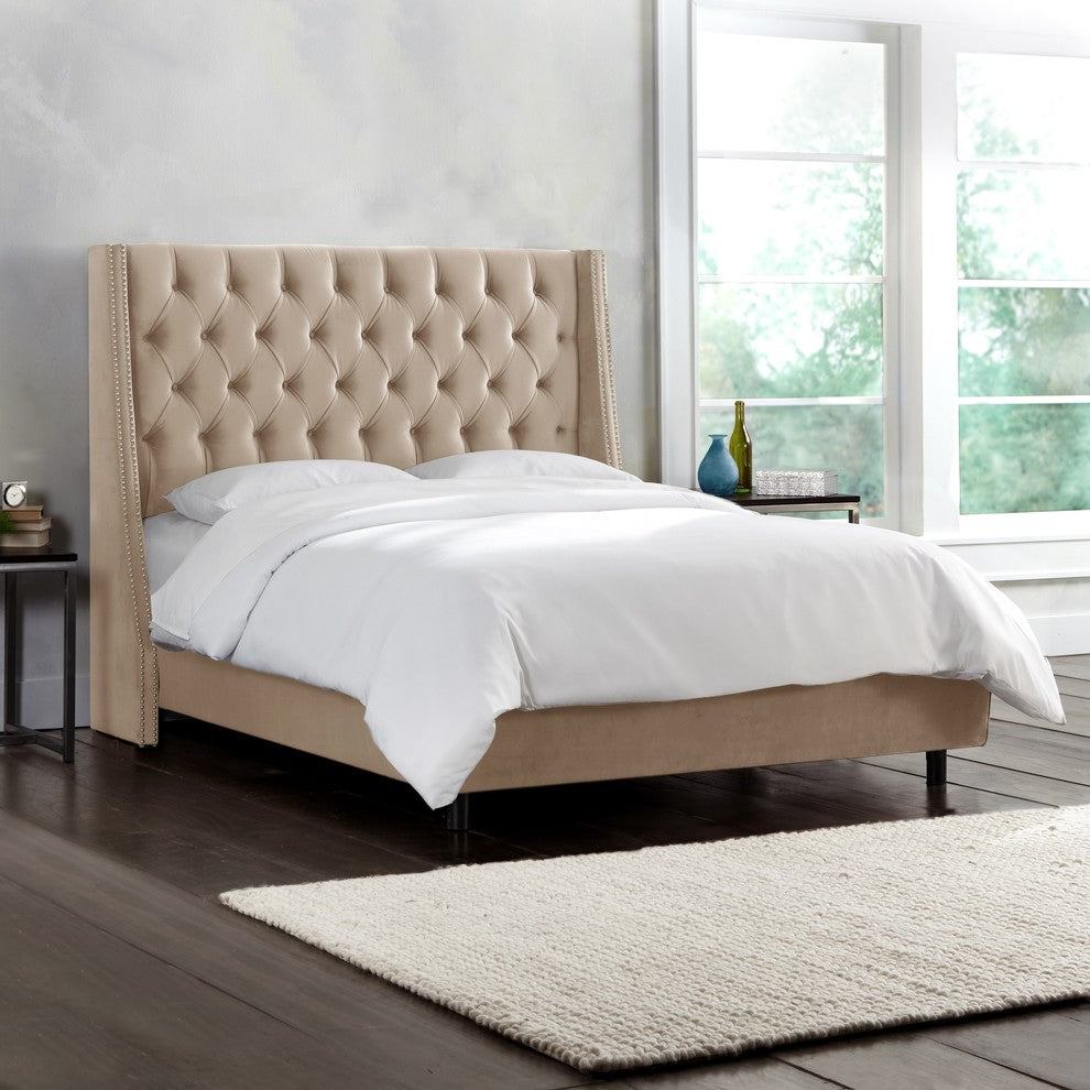 Williams King Nail Button Tufted Wingback Bed, Mystere Mondo